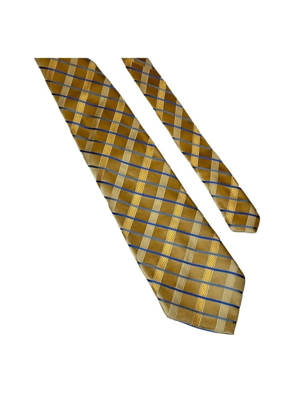 Silk Tie Gold Blue Plaid Woven Geometric Necktie Classic Formal Business 60 in